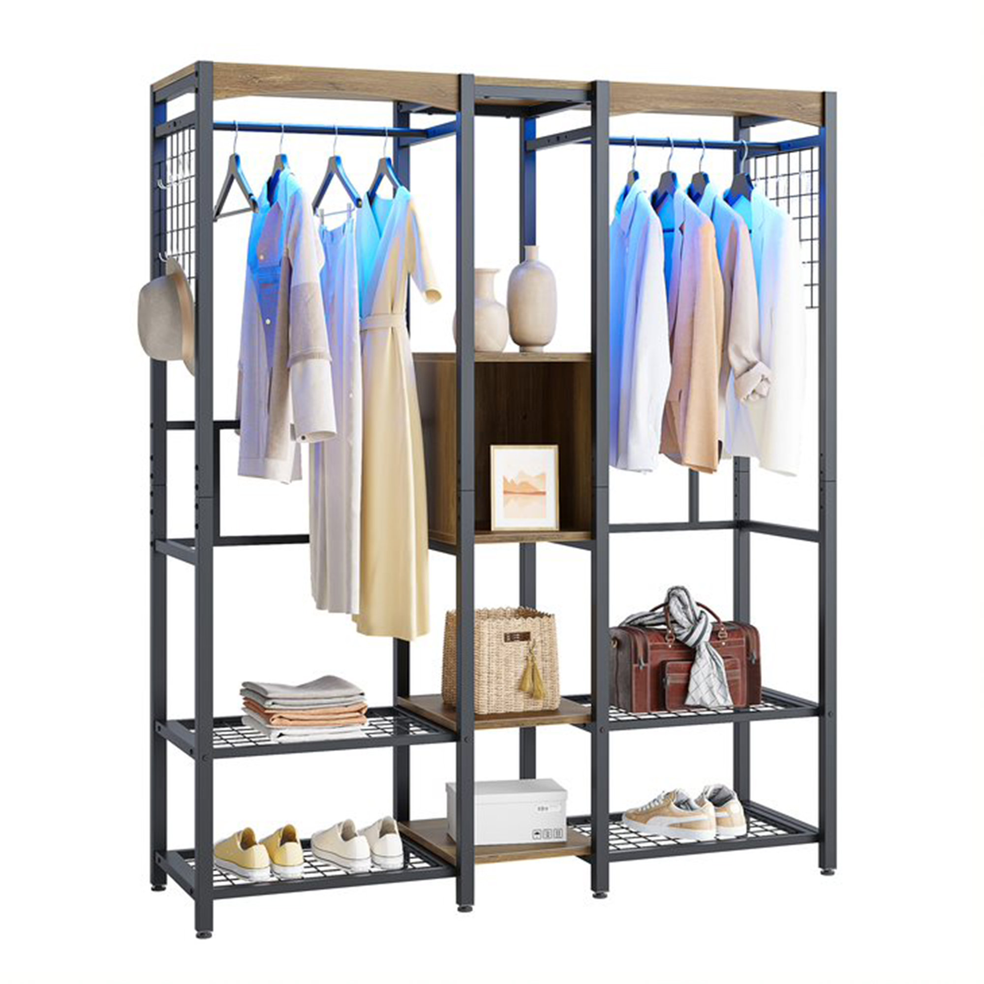 Bestier Metal Freestand Wardrobe W/Wood Shelves & Color Changing Lights, Gray | Wayfair