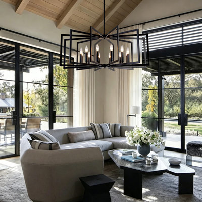 12-Light Geometric Lantern Chandelier Adjustable Height Pendant Light for Dining Room Hallway Foyer Entryway