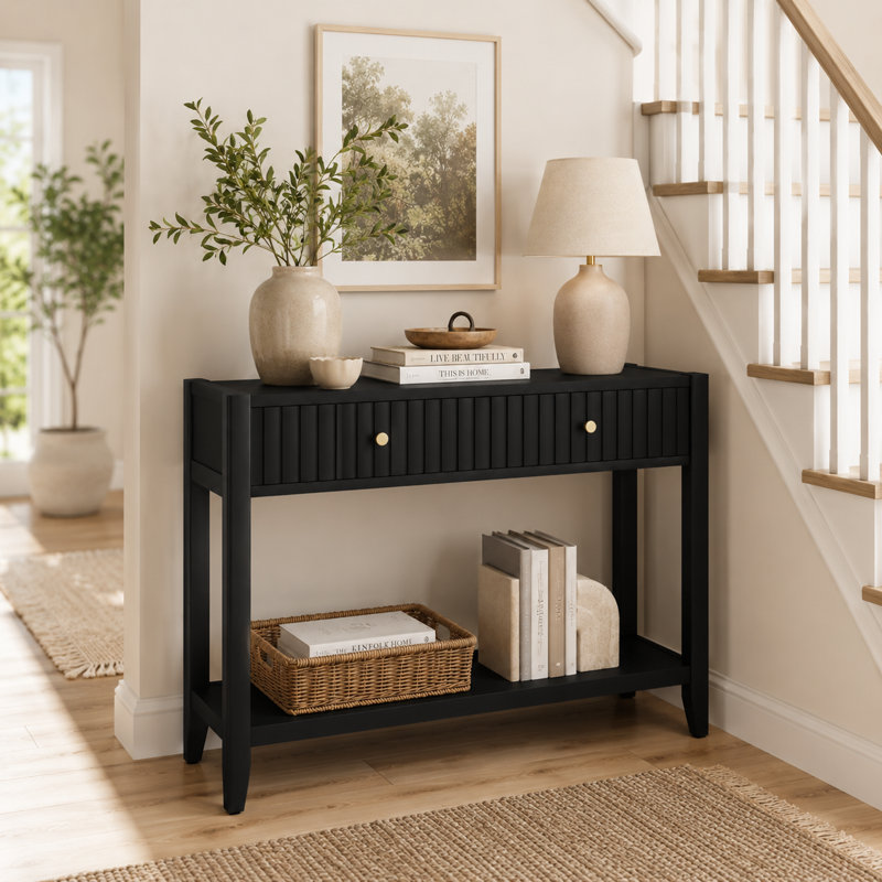 Modern Fluted Console Table with Drawers and Shelf – Narrow Entryway Sofa Table with Storage