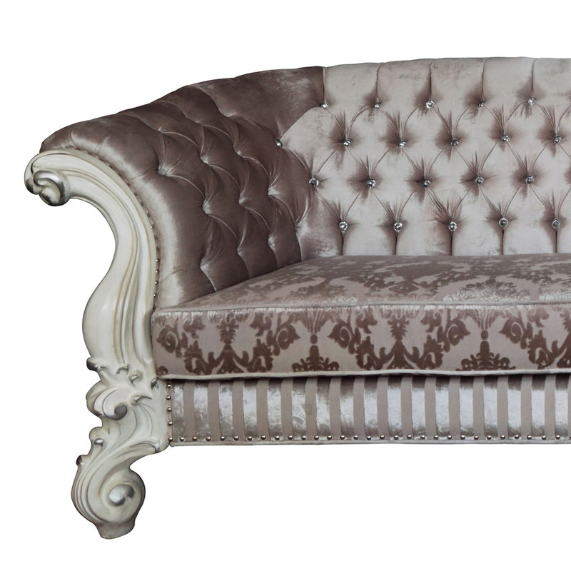 99" Ivory Velvet Tufted Sofa with Rolled Arms and Nailhead Trim