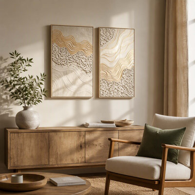 Set‑of‑2 Framed Abstract Wave Wall Art, Multi‑Texture Impasto Canvas Paintings with Gold Line & Sand‑Like Details