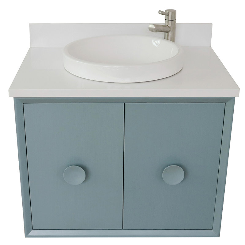 Ensemble de meuble-lavabo mural simple 31 po Crumley, Bleu aqua / quartz blanc