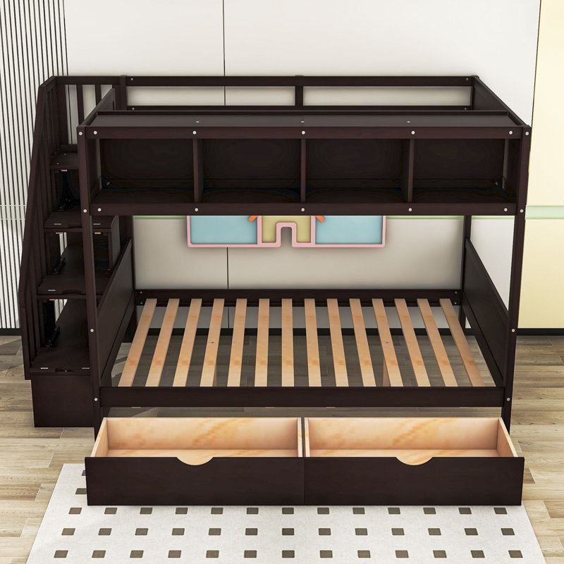 Hader Kids Twin Over Full Bunk Bed with Drawers, Espresso