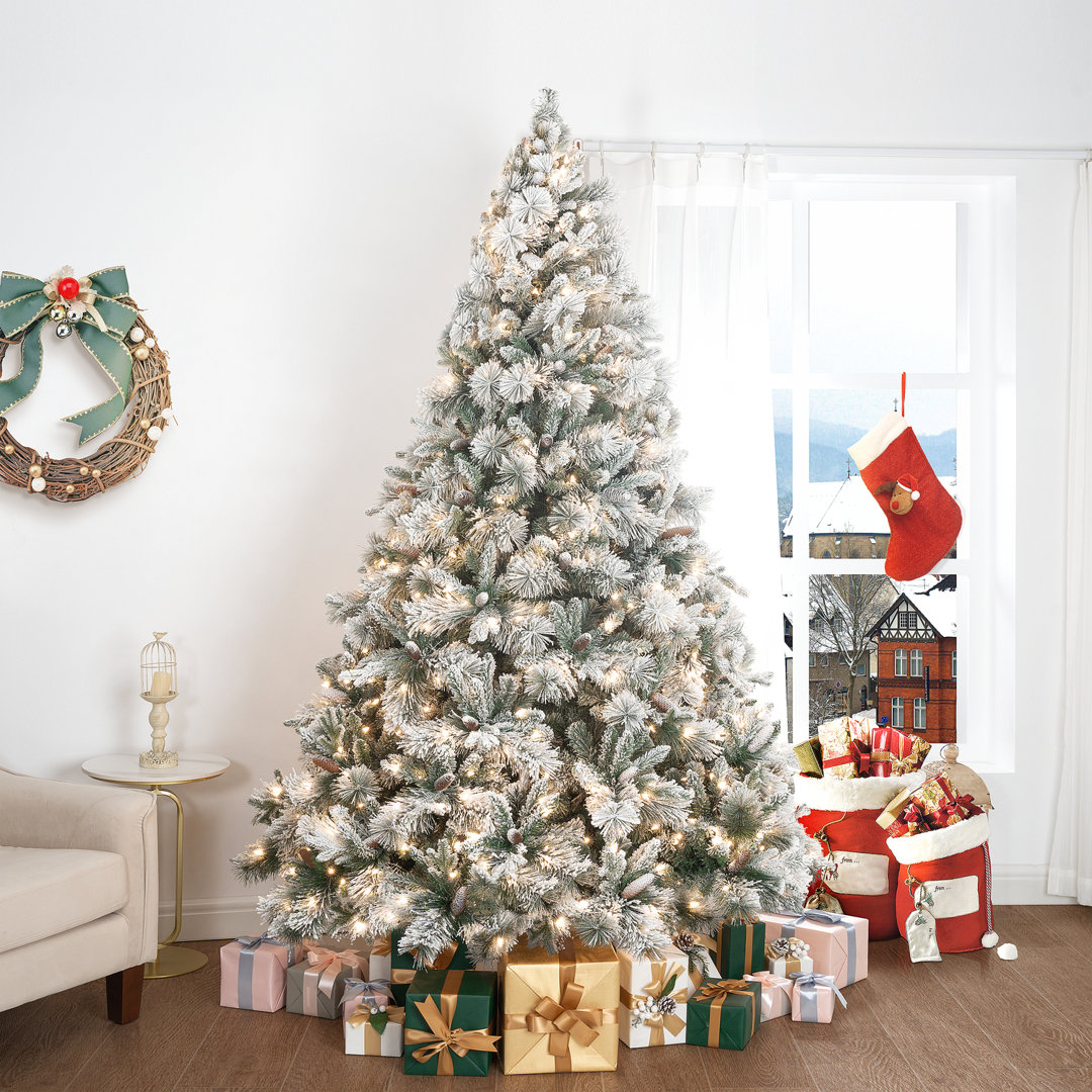 Frosted Prelit Artificial Christmas Tree with Pine Cones and Foot Pedal – Realistic Snow-Flocked Pine Tree with 750 Warm Lights, 1556 Branch Tips, and Sturdy Metal Stand, 61" Wide, Available in 4.5 ft and 6.5 ft Sizes for Indoor Holiday Décor The Holiday Aisle® Light 