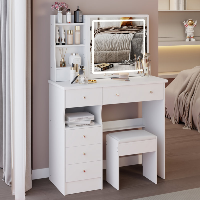 37" Left Drawer Desktop Vanity Table + Cushioned Stool, White