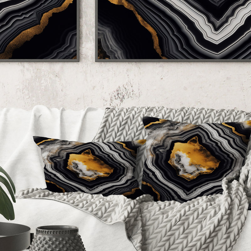 Glam Serenity Black Gold Agate - Abstract Shapes Printed Throw Pillow