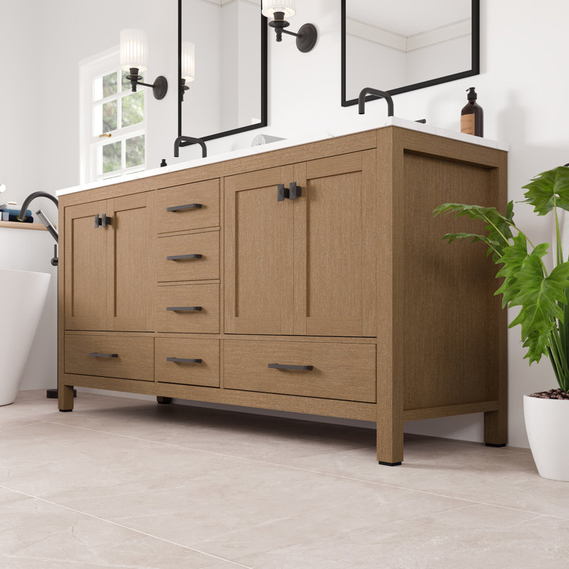 Aberdeen 72 in. Oak Double Sink Bath Vanity with Carrara Quartz Top and Undermount Porcelain Sinks, Quartz - White Carrara
