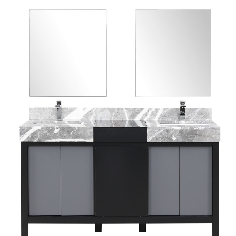 Meuble-lavabo double 60 po En noir et gris, plateau en marbre, robinet, 28 miroirs - teint et aspect gris, marbre gris, à rayures