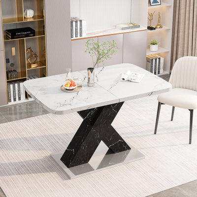 Table carrée moderne - plateau de table en marbre blanc extensible + pied noir avec base en métal, 220 lb, aspect de salle à manger extensible, longueur réglable de 47,24 po à 61,98 po