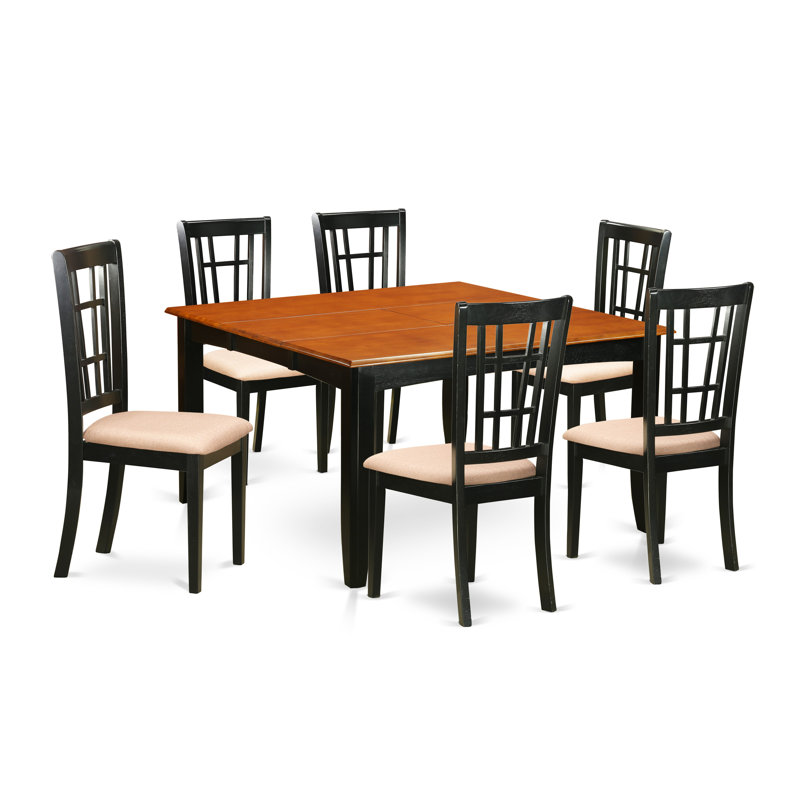 Ensemble de table de salle à manger 7 pièces moderne composé d'une table carrée en bois avec feuille papillon et 6 chaises en lin