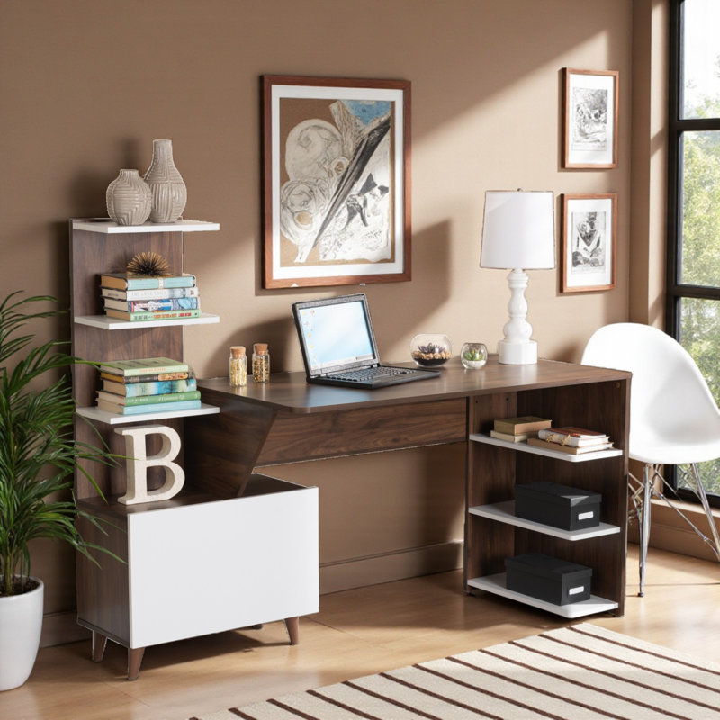 Jorin 6-Shelves Two Tone Dark Brown Finish Storage Computer Desk, 46.8" H X 60.3" W X 23.36" D