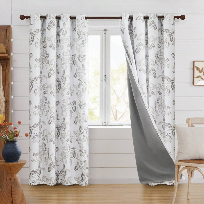 100% Blackout Noise Reducing Bouguet Pattern Printed Linen Grommets Top Curtain Panels (Set of 2), Khaki, 52" W x 84" L