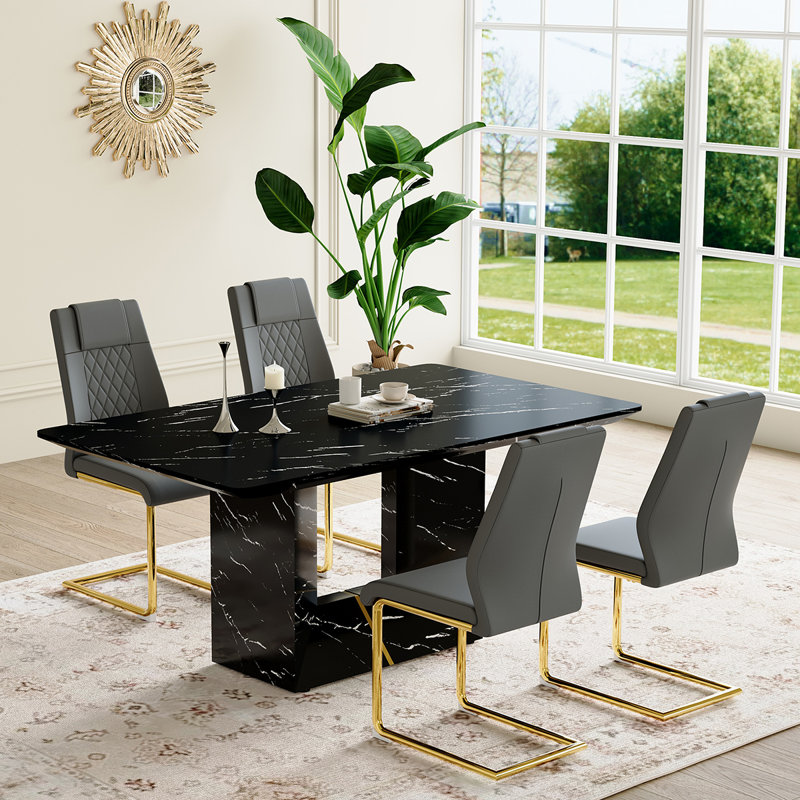 5-Piece Marble Dining Table Set, Black, Gray/Gold