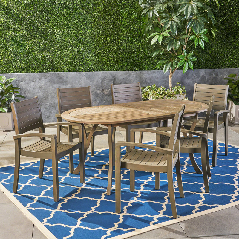 Eligha 6 - Person Acacia Wood Patio Dining Set with Oval Table, Gray