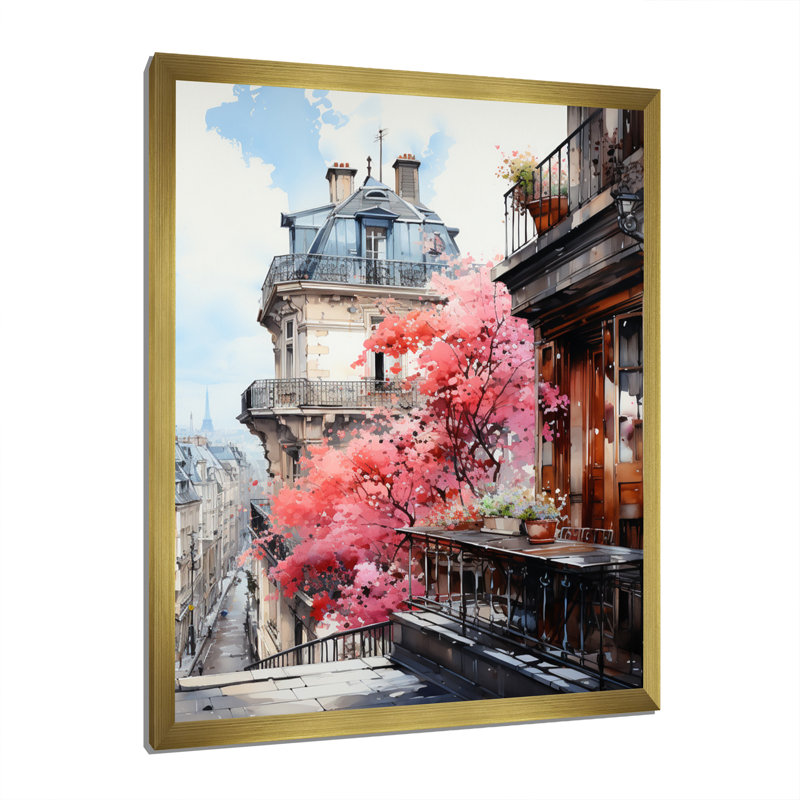 «Pink Paris Parisian Balconies I», reproduction sur toile, H 40 po x l 30 po x P 1,5 po, Cadre photo doré