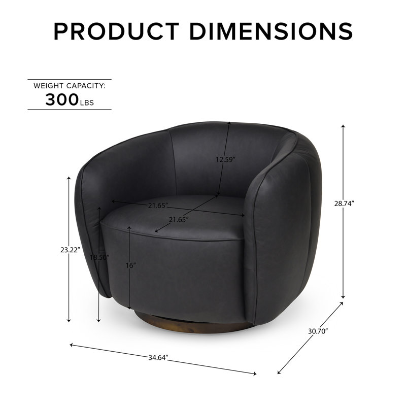 Modern Genuine Italian Leather Swivel Barrel Accent Chair with Wood Base, Fully Assembled, Black