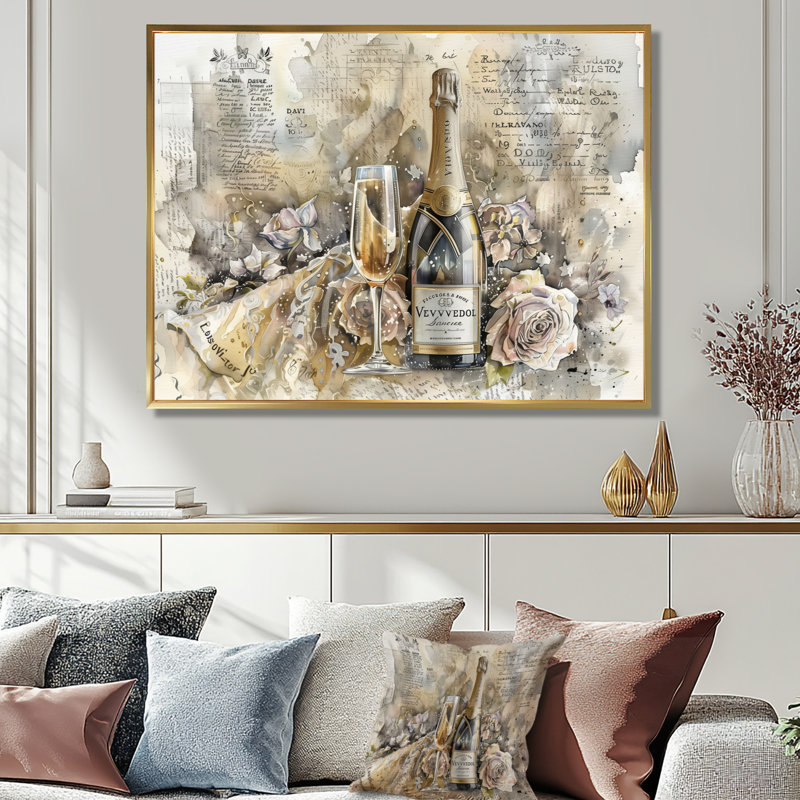 Elegant Sparkling Wedding Champagne II - Champagne, impression d'art mural, Cadre flottant doré, H 12 po x l 20 po