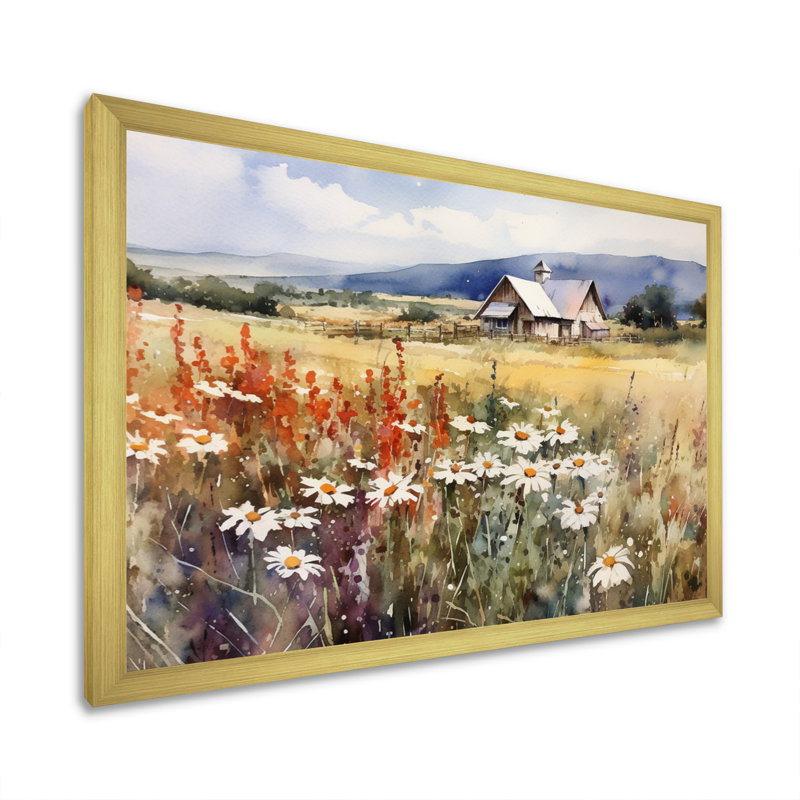 «Green Green Meadow At The Farm I», impressions sur toile florales, H 16 po x l 32 po x P 1 po, Encadrement doré