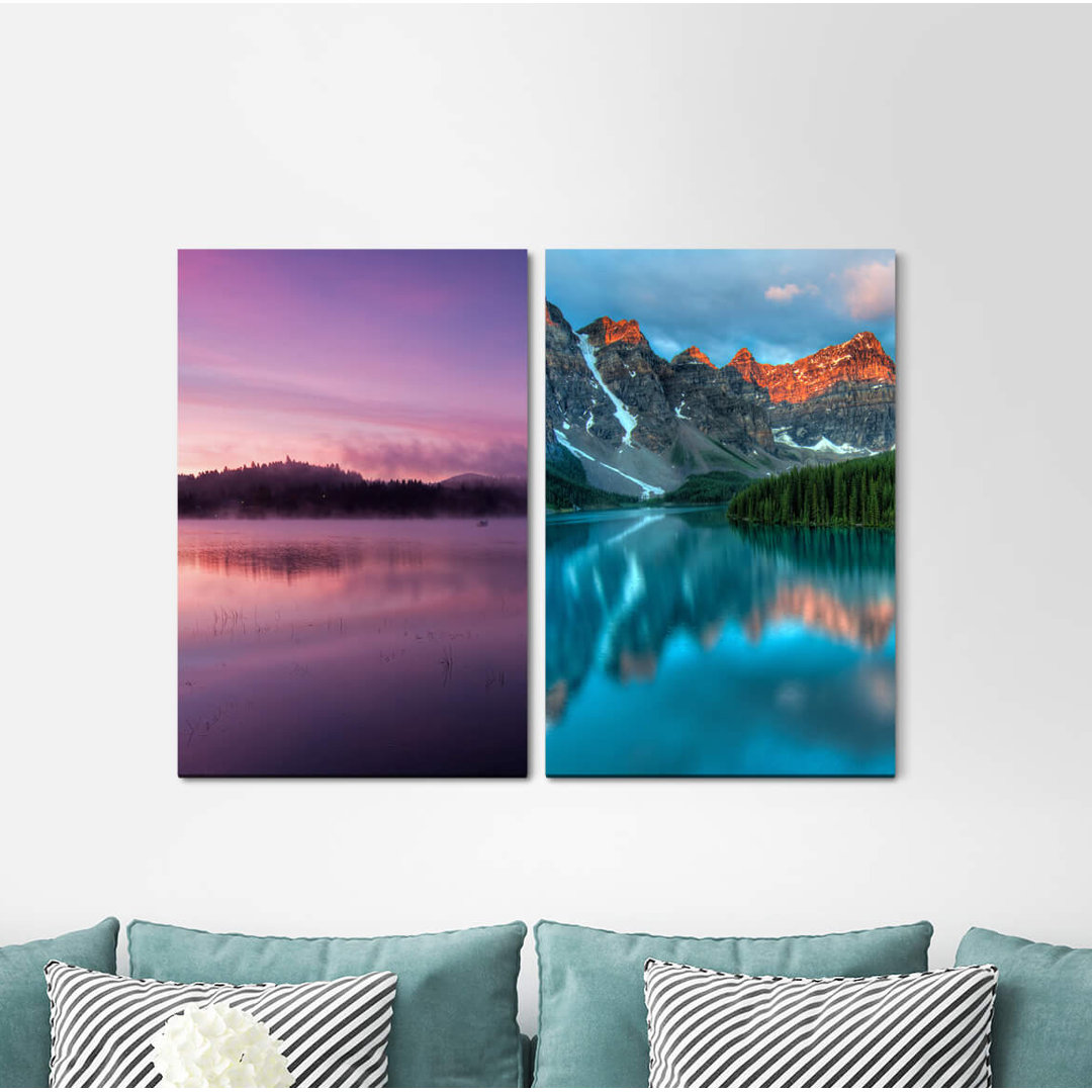 2-tlg. Leinwandbilder-Set - Grafikdruck „Canada Landscape Nature Pink Lake Mountain Lake Morning Dew”