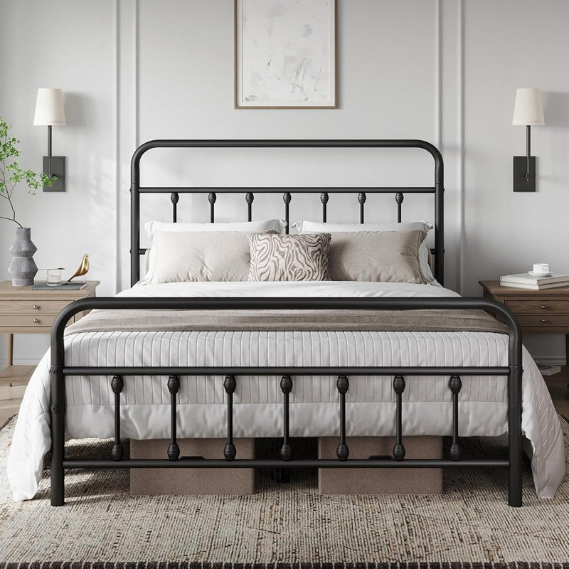 Sommier de lit plateforme classique en métal avec tête de lit / pied de lit en fer de style victorien / rangement sous le lit / pas de sommier nécessaire / noir
