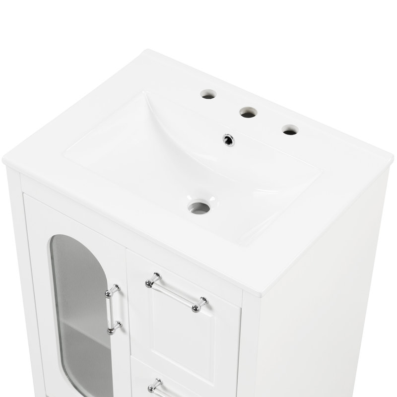 White 24" Freestanding Bathroom Vanity with Glass Door and Storage