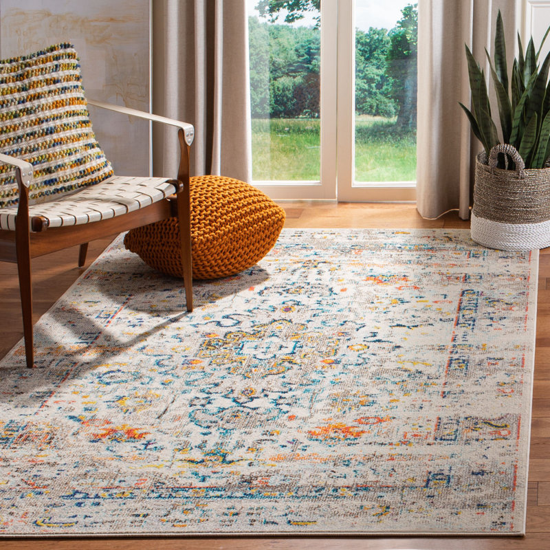 Felty Oriental Cream/Blue Area Rug, Rectangle 4' x 6'