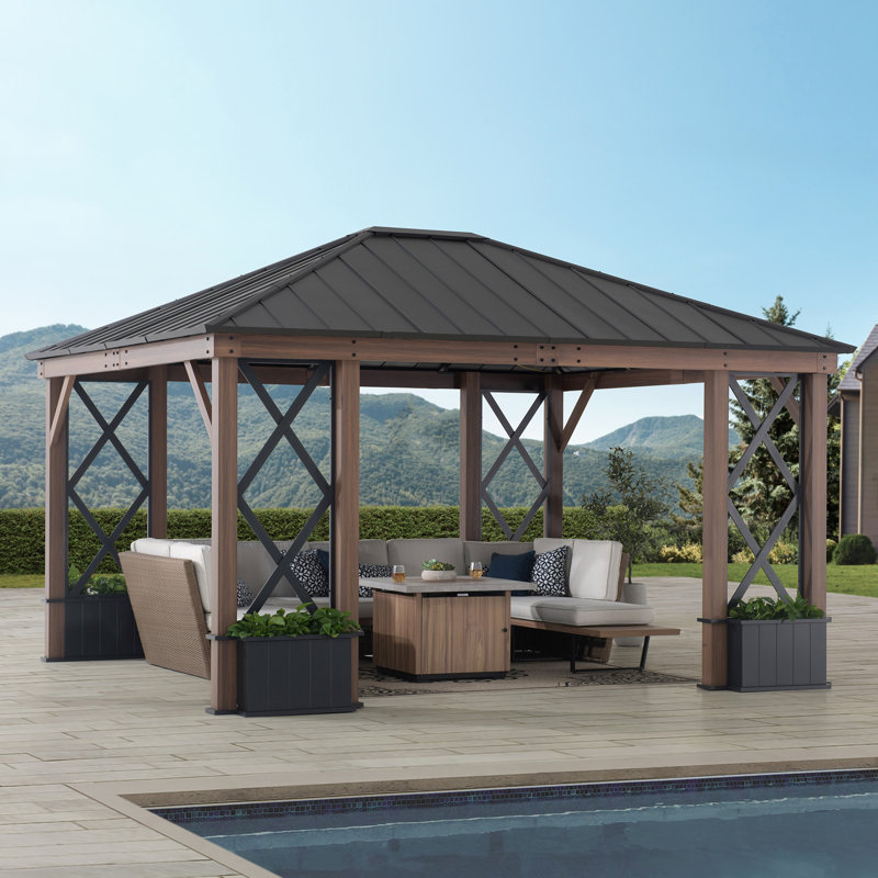 Pavillon de jardin à toit rigide en acier noir 13 pi x 15 pi Sunjoy