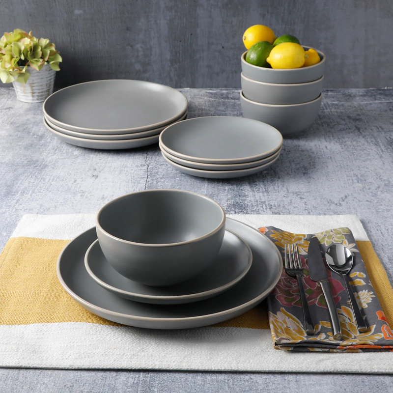 Ensemble 12 pièces de vaisselle en grès, assiettes et bols à finition matte, couleurs modernes, Gris mat