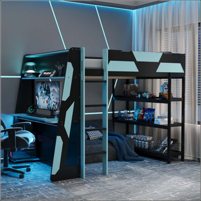 Lit mezzanine Gaming avec bureau, tablettes et lumières DEL