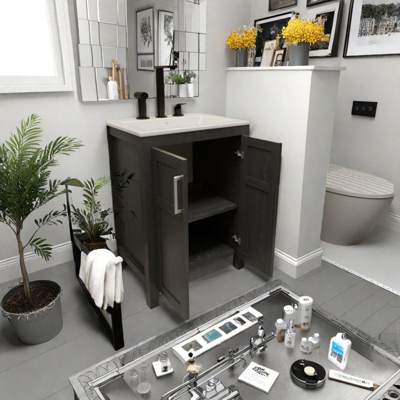 Modern Black Vanity Cabinet With Ceramic Sink, Compact Storage Solution