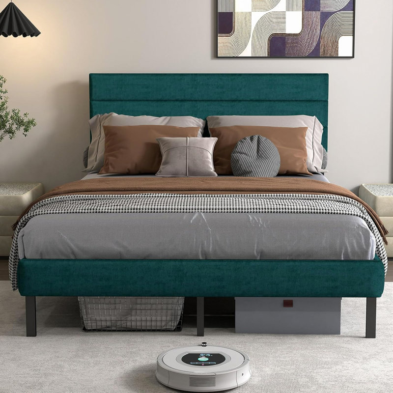 Structure de lit plateforme tapissier - avec tête de lit, aucun sommier requis, rangement sous le lit 14 po, Noir/vert