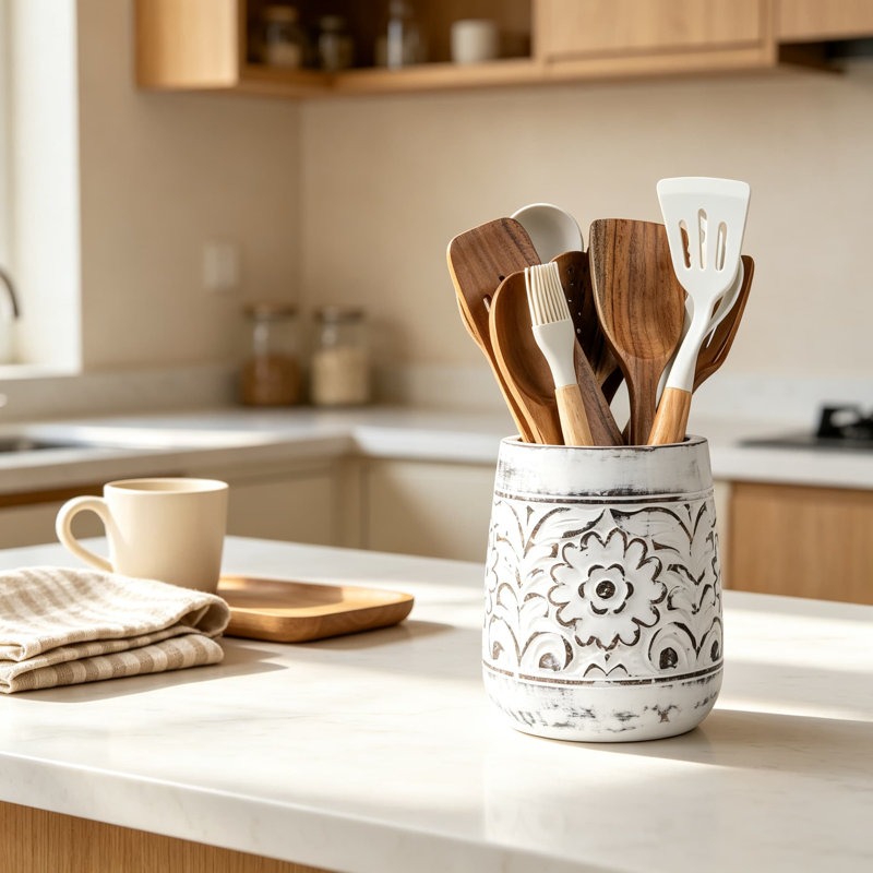 Porte-ustensiles de cuisine rustique en bois de manguier blanc sculpté à la main, orné de motifs floraux. Organisateur de comptoir idéal pour spatules, fouets, louches et autres ustensiles de cuisine.