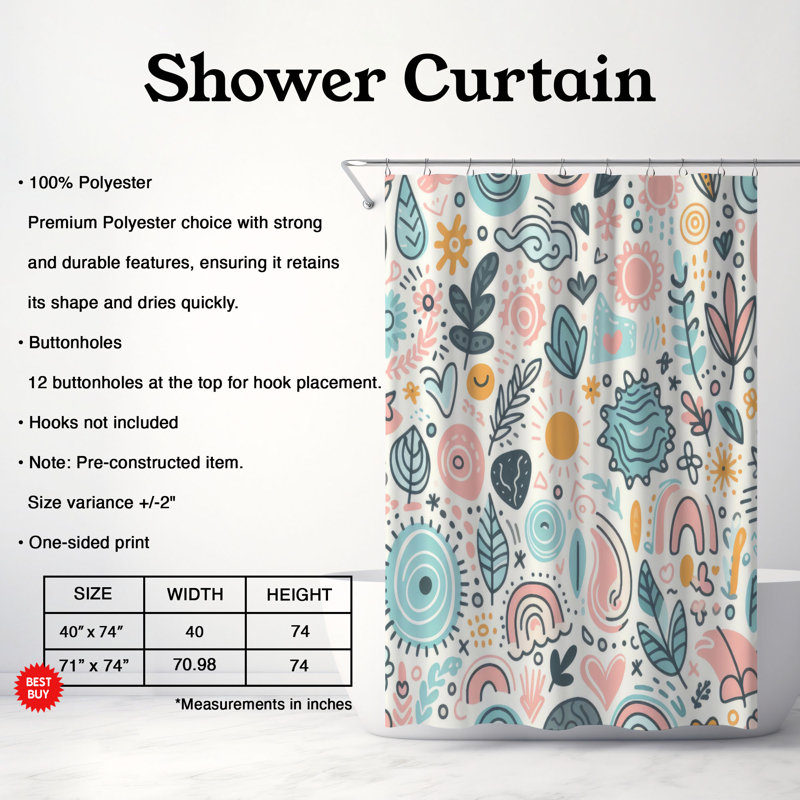 Rideau de douche standard 1 pièce Faint Doodle Whispers, H 74 po x l 71 po
