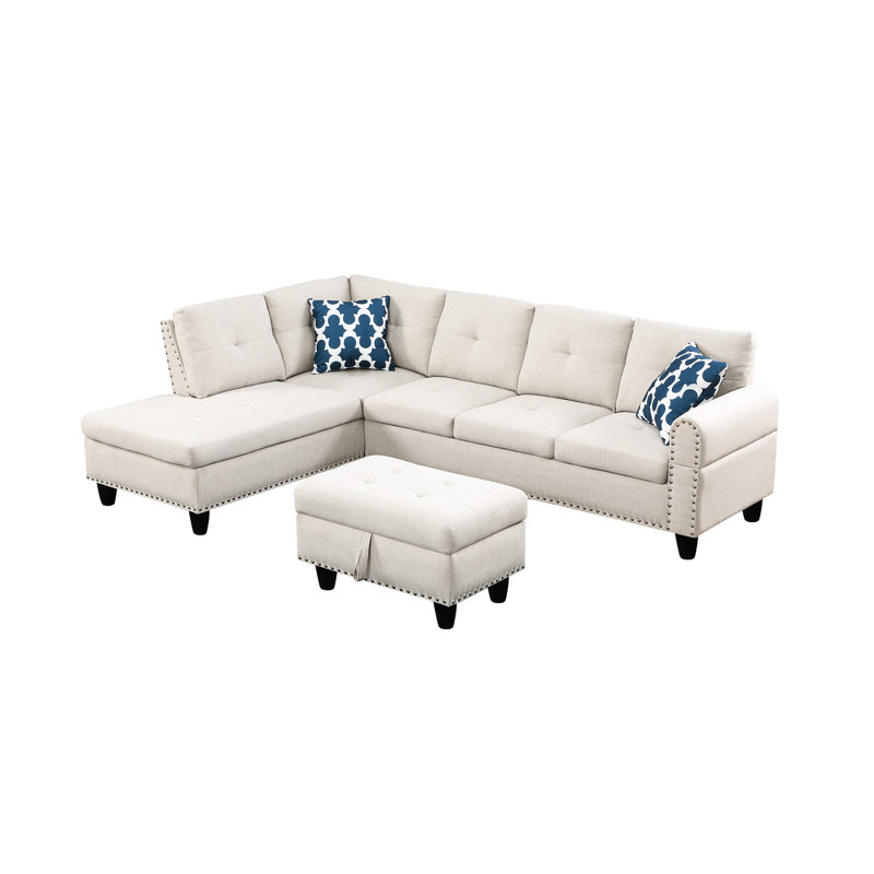 Chaise avec. Canapé modulaire en tissu beige. Mousse rembourrée. Accoudoirs arrondis et capitonnage. 71 po x 98 po 33 po. Coussins de canapé modulaires de 175,08 lb de largeur