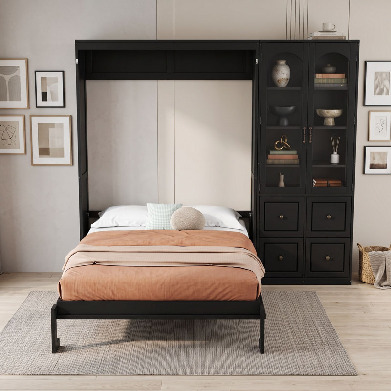 Grand lit escamotable avec armoire de rangement, Noir