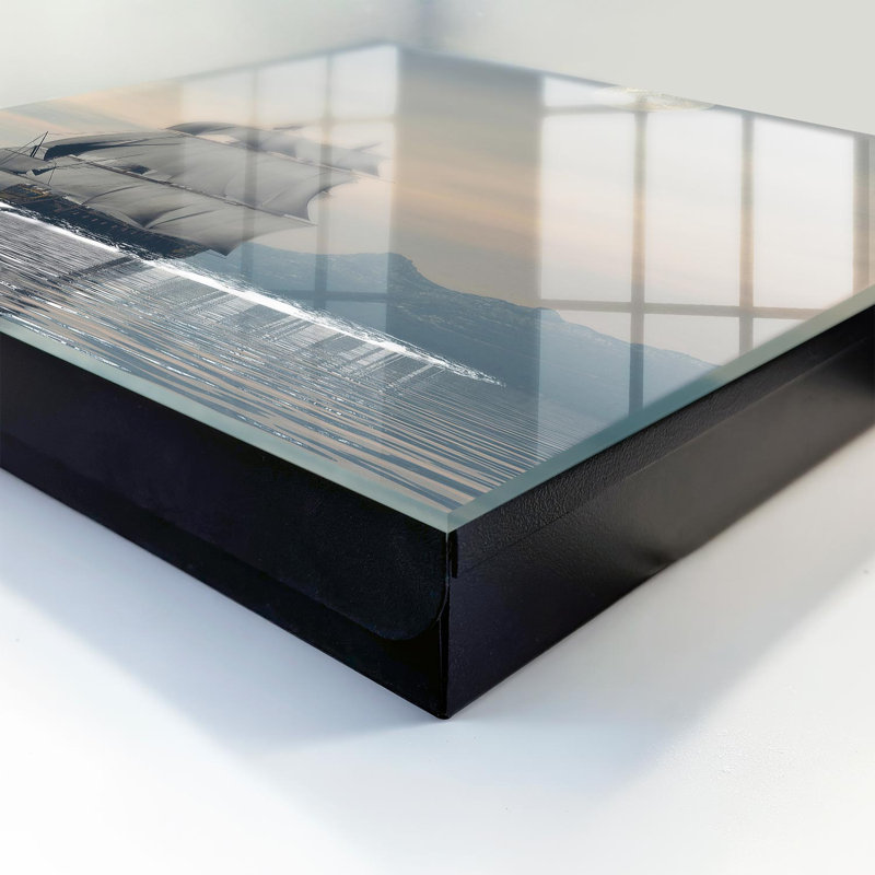 Key storage box, Opens to the right, 30x30x5, Black, A sailing ship on a calm sea in the morning, 