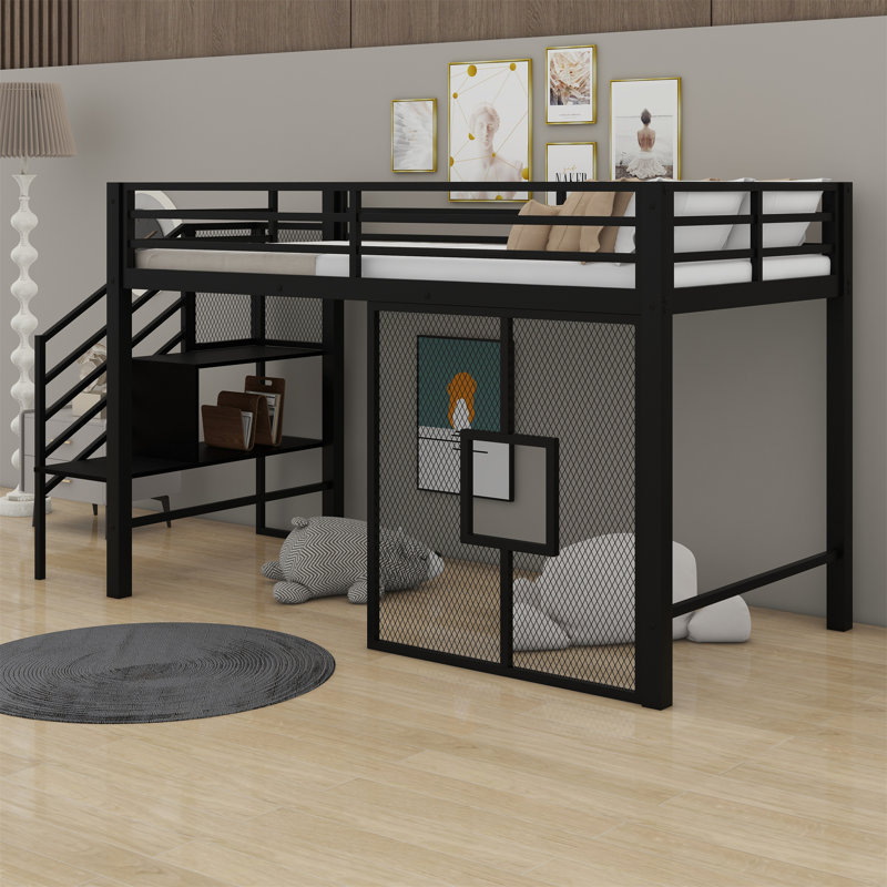 Base de lit mezzanine basse avec escalier de rangement et filet de fer