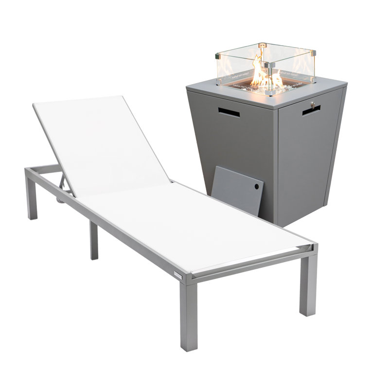 Outdoor Rust-Resistant Metal Chaise Lounge Set with Table, White, Gray