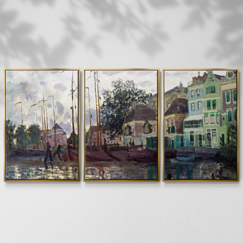 Zaandam, The Dike, Evening, 1871, peinture sur toile 3 pièces, Encadrement doré, H 24 po x l 48 po