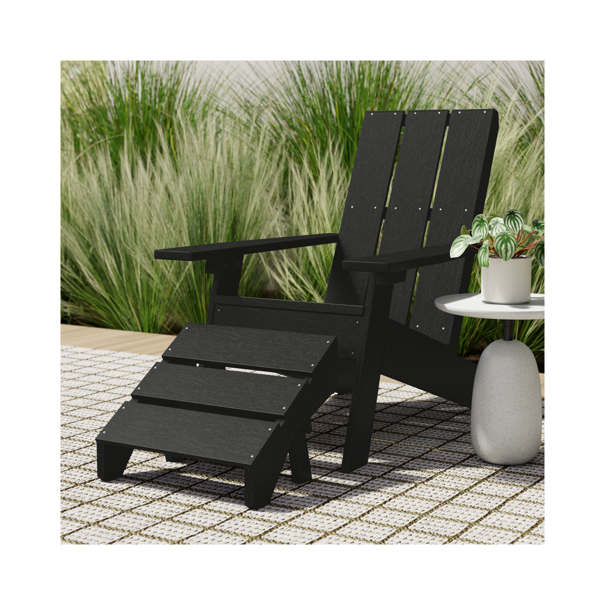 Byrnes Outdoor Adirondack Chair With Ottoman, Black