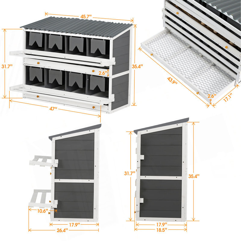 Boîtes de nidification pour poulets, boîte de nidification pour poulets en bois, 8 boîtes de ponte pour poules, canards et volaille avec œufs roulants, toiture en PVC et perchoirs pliables, l 47 po x l 26,4 po x H 35,4 po