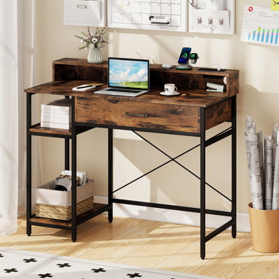 Iron Computer Desk with Built-In Electrical Outlet