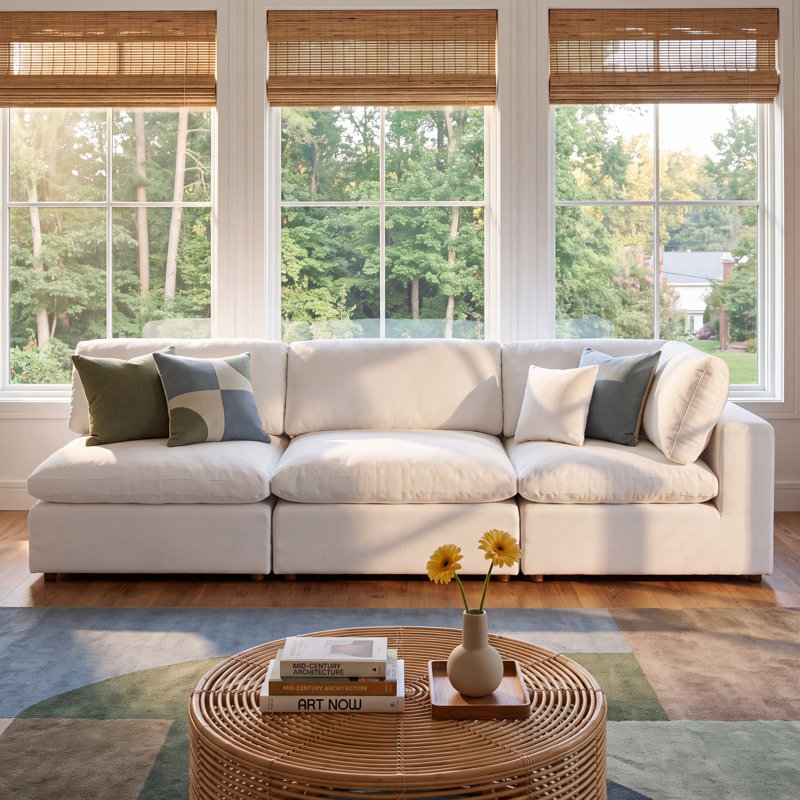 Jossa Upholstered Curved Sectional Right Hand Facing, White Linen Blend