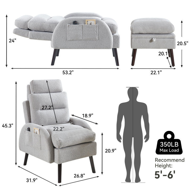 Jonilda Upholstered Accent Chair and Ottoman with  Adjustable Backrest, Gray Teddy