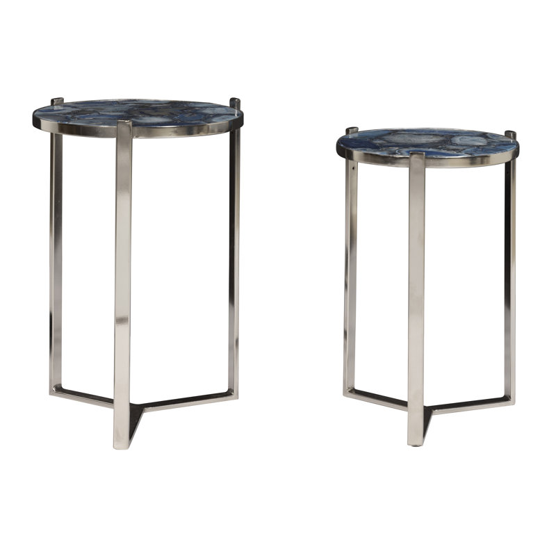 Blue Agate Gemstone Round Nesting Accent Tables