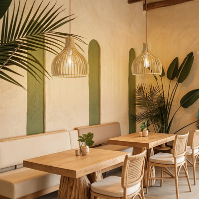1-Light Natural Wood Pendant Light with Curved Slat Cage Shade