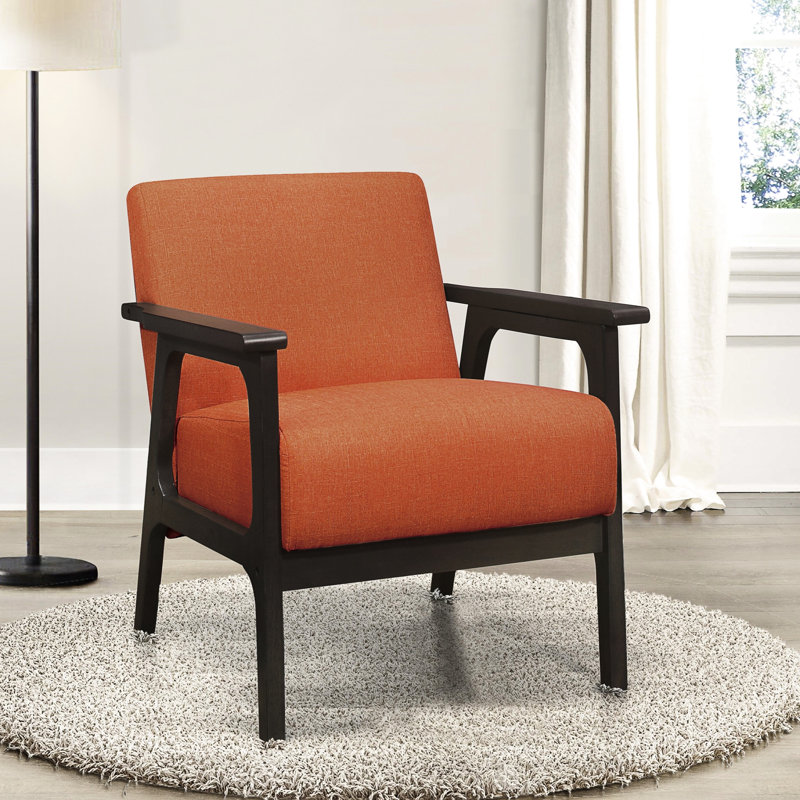 Chaise d'appoint recouverte de tissu orange, structure en bois massif gris antique, assise de salon rembourrée, bois, finition grise, chaise