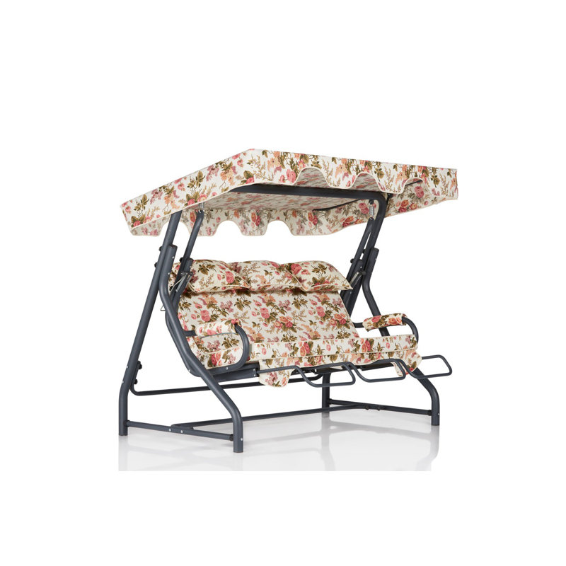 Triple balancelle Traditional Garden, structure 100% métal, 200 x 65,0 x 43,3 pouces | Tissu 100% polyester, facile à nettoyer, 18 coussins en mousse, capacité: 529 lb | Coussins amovibles, conception florale élégante pour la détente en plein air