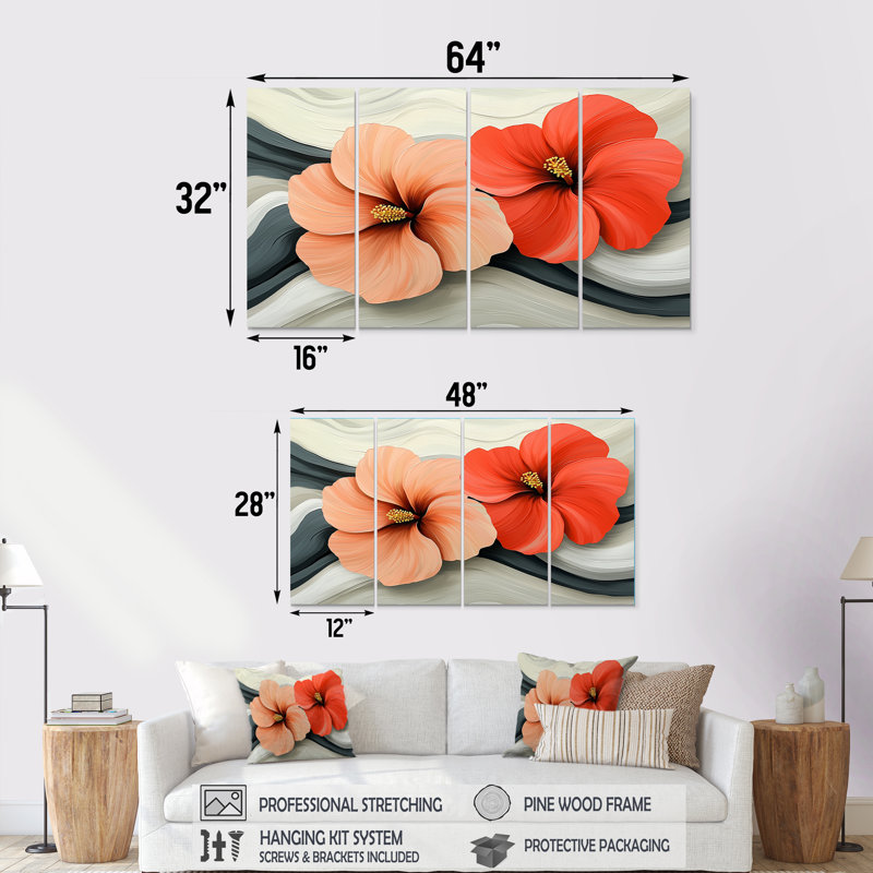 Coucher de soleil, Hibiscus liquide Art Harmony II - Hibiscus Wall Art - Art mural traditionnel sur toile, H 32 po x l 64 po