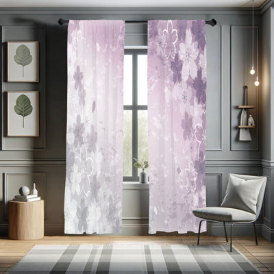 Highland Dunes Nature Curtains, Art of Cherry Blossom Sakura, Pair of 28", Purple Grey